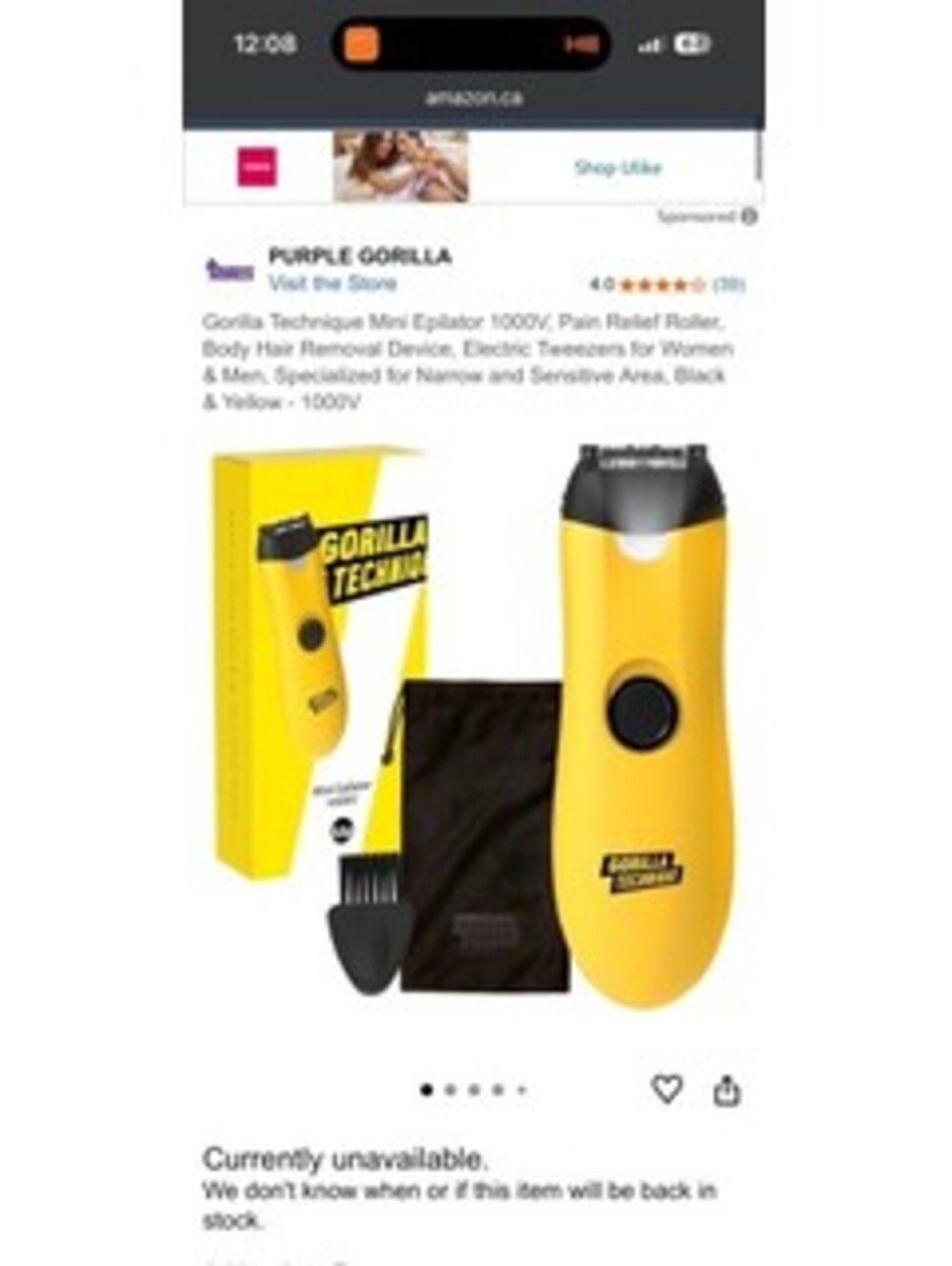 Purple Gorilla Gorilla Technique Mini Epilator 1000V - Electric Hair Removal